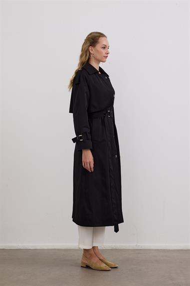 Dream Düğmeli Gold Kemerli Trençkot SİYAH