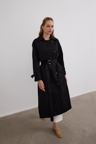 Dream Düğmeli Gold Kemerli Trençkot SİYAH