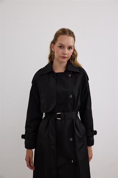 Dream Düğmeli Gold Kemerli Trençkot SİYAH