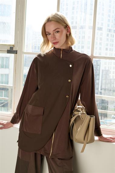 Edora Fermuarlı Kumaş Garnili Pantolonlu Takım KAHVERENGİ