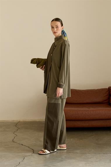 Edora Fermuarlı Kumaş Garnili Pantolonlu Takım HAKİ