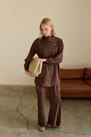 Edora Fermuarlı Kumaş Garnili Pantolonlu Takım KAHVERENGİ