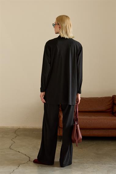 Edora Fermuarlı Kumaş Garnili Pantolonlu Takım SİYAH