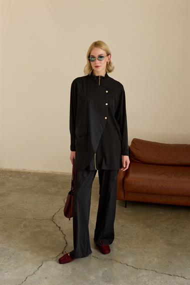 Edora Fermuarlı Kumaş Garnili Pantolonlu Takım SİYAH