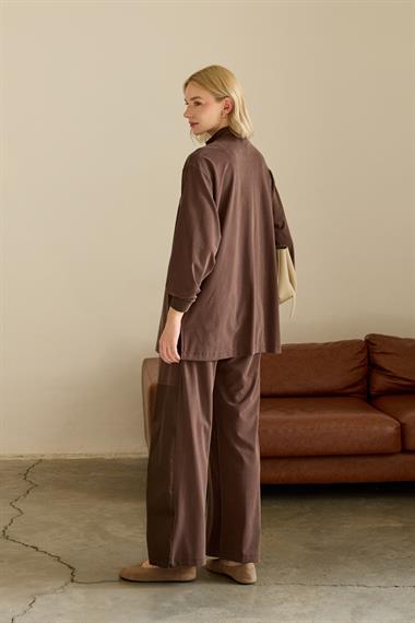 Edora Fermuarlı Kumaş Garnili Pantolonlu Takım KAHVERENGİ