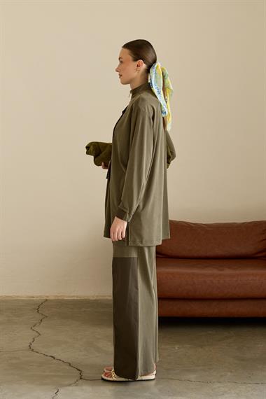 Edora Fermuarlı Kumaş Garnili Pantolonlu Takım HAKİ