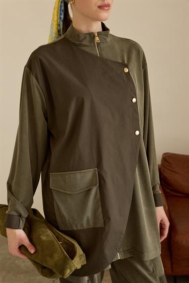 Edora Fermuarlı Kumaş Garnili Pantolonlu Takım HAKİ