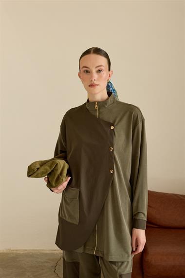 Edora Fermuarlı Kumaş Garnili Pantolonlu Takım HAKİ