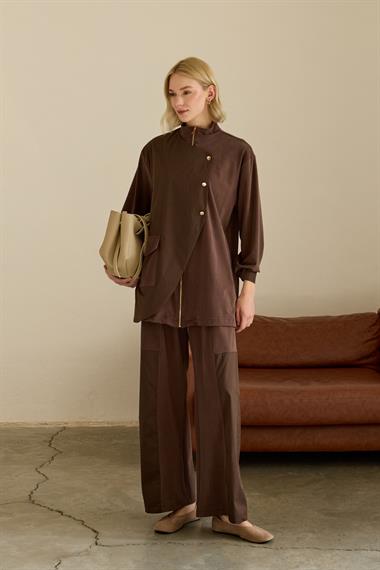 Edora Fermuarlı Kumaş Garnili Pantolonlu Takım KAHVERENGİ