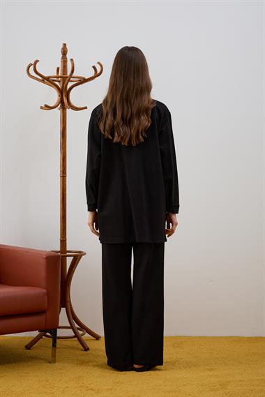 Edora Fermuarlı Süet Garnili Pantolonlu Takım SİYAH