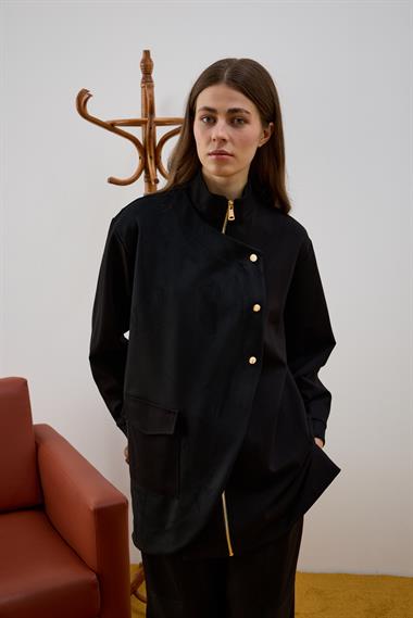 Edora Fermuarlı Süet Garnili Pantolonlu Takım SİYAH