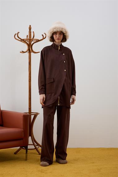 Edora Fermuarlı Süet Garnili Pantolonlu Takım KAHVERENGİ