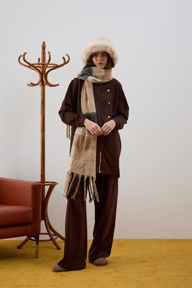 Edora Fermuarlı Süet Garnili Pantolonlu Takım KAHVERENGİ