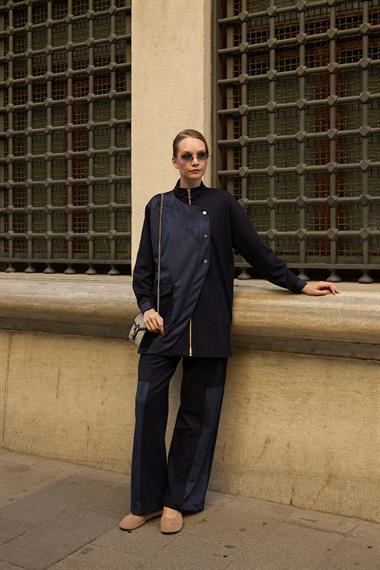 Edora Fermuarlı Süet Garnili Pantolonlu Takım LACİVERT