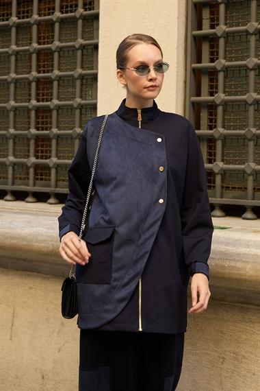 Edora Fermuarlı Süet Garnili Pantolonlu Takım LACİVERT