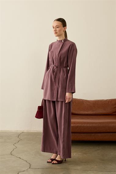 Eleny Yandan Patlı Modal Pantolonlu Takım MÜRDÜM