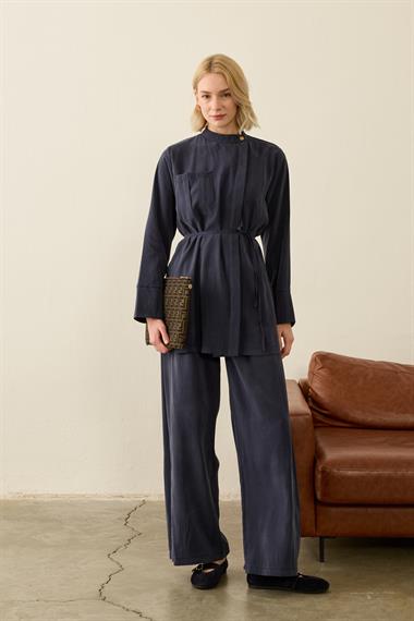 Eleny Yandan Patlı Modal Pantolonlu Takım LACİVERT