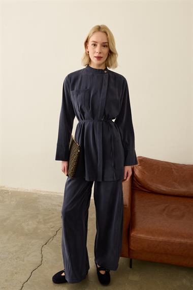 Eleny Yandan Patlı Modal Pantolonlu Takım LACİVERT