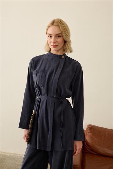 Eleny Yandan Patlı Modal Pantolonlu Takım LACİVERT