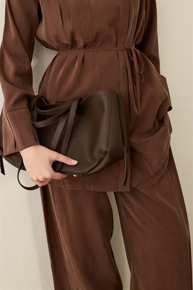 Eleny Yandan Patlı Modal Pantolonlu Takım KAHVERENGİ