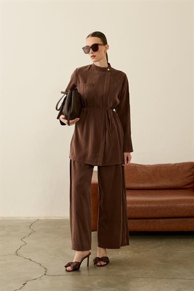 Eleny Yandan Patlı Modal Pantolonlu Takım KAHVERENGİ