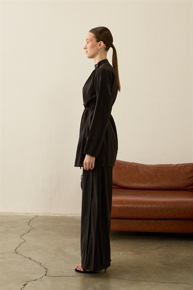 Eleny Yandan Patlı Modal Pantolonlu Takım SİYAH