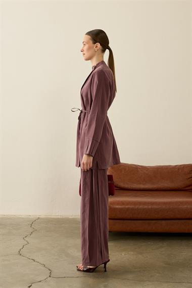 Eleny Yandan Patlı Modal Pantolonlu Takım MÜRDÜM