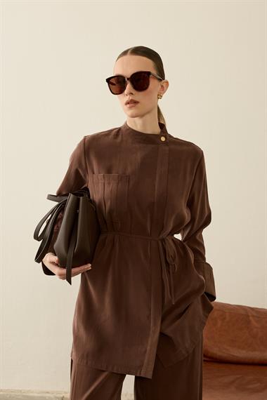 Eleny Yandan Patlı Modal Pantolonlu Takım KAHVERENGİ