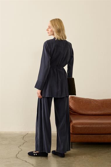 Eleny Yandan Patlı Modal Pantolonlu Takım LACİVERT