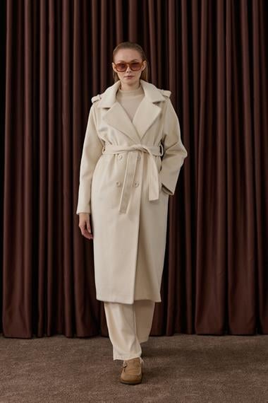 Elite Düğmeli Kuşaklı Kaban BEJ