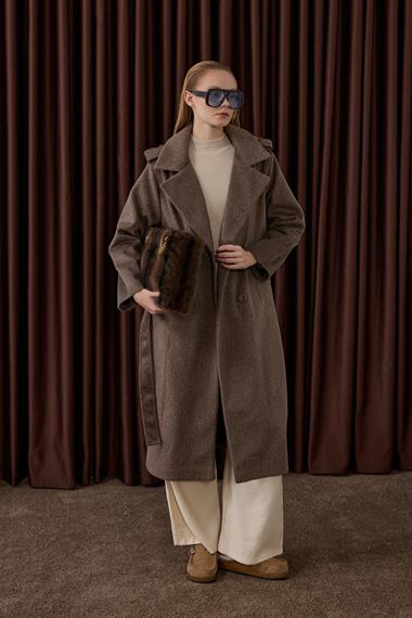 Elite Düğmeli Kuşaklı Kaban KAHVERENGİ