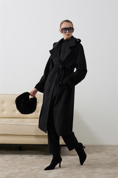 Elite Düğmeli Kuşaklı Kaban SİYAH