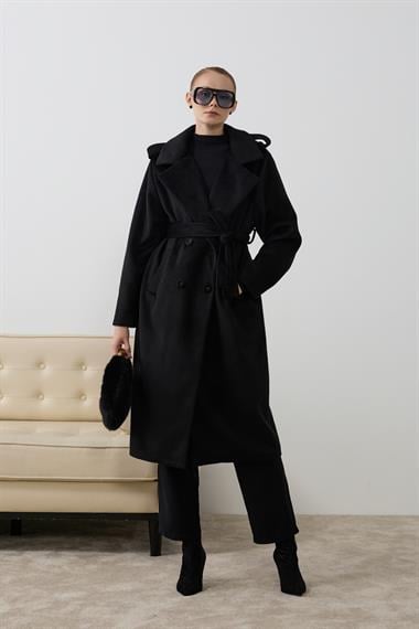 Elite Düğmeli Kuşaklı Kaban SİYAH