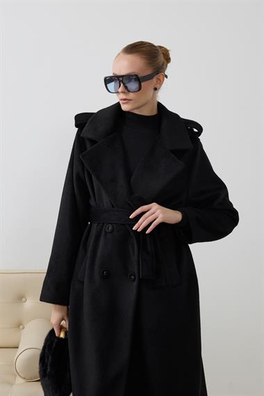 Elite Düğmeli Kuşaklı Kaban SİYAH