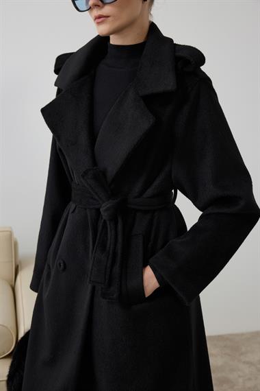 Elite Düğmeli Kuşaklı Kaban SİYAH