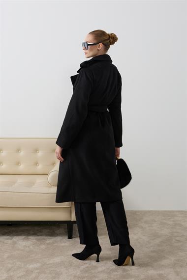 Elite Düğmeli Kuşaklı Kaban SİYAH