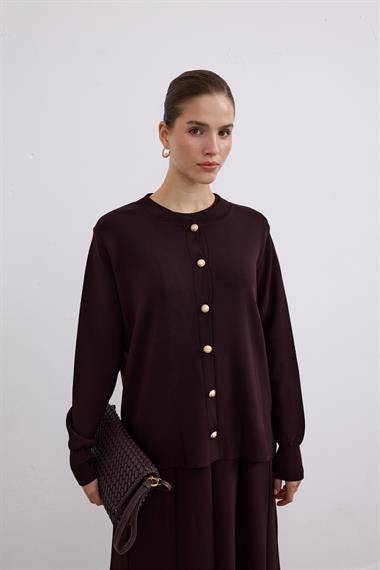 Elsa Düğmeli İçlik Elbiseli Triko Takım KAHVERENGİ