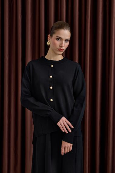 Elsa Düğmeli İçlik Elbiseli Triko Takım SİYAH