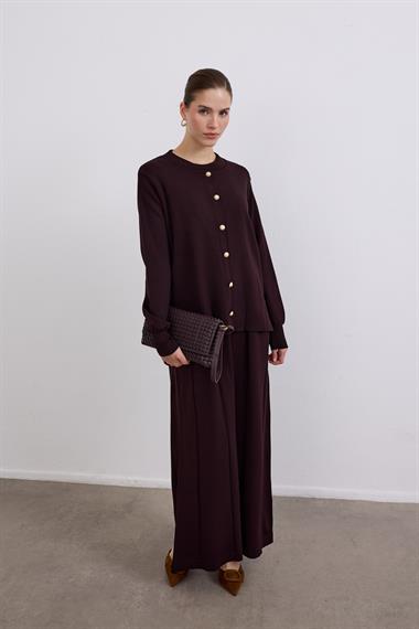 Elsa Düğmeli İçlik Elbiseli Triko Takım KAHVERENGİ