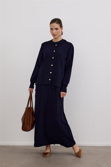 Elsa Düğmeli İçlik Elbiseli Triko Takım LACİVERT
