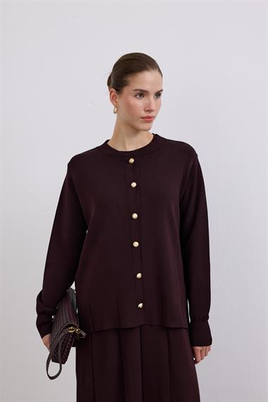 Elsa Düğmeli İçlik Elbiseli Triko Takım KAHVERENGİ