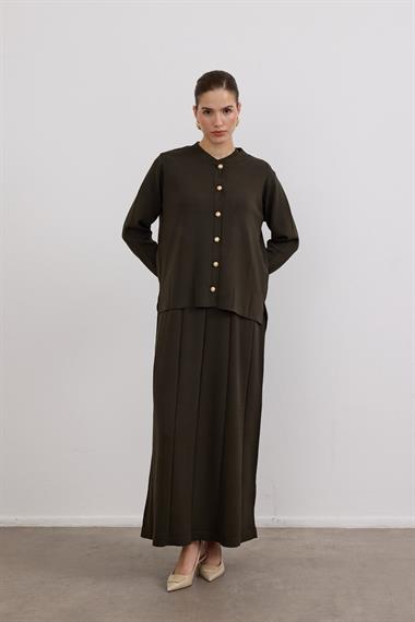 Elsa Düğmeli İçlik Elbiseli Triko Takım HAKİ