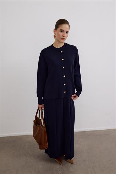 Elsa Düğmeli İçlik Elbiseli Triko Takım LACİVERT