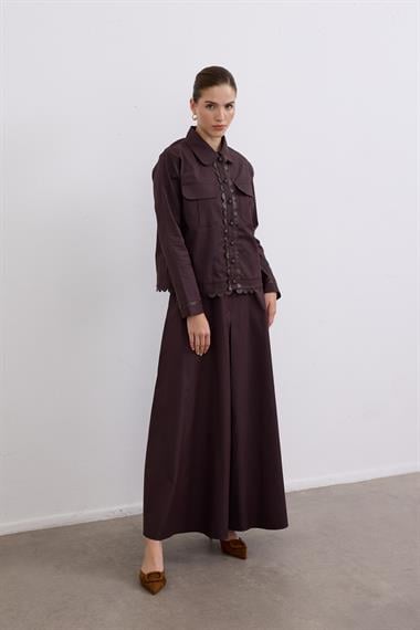 Emilia Deri Detaylı İçlik Elbiseli Takım KAHVERENGİ