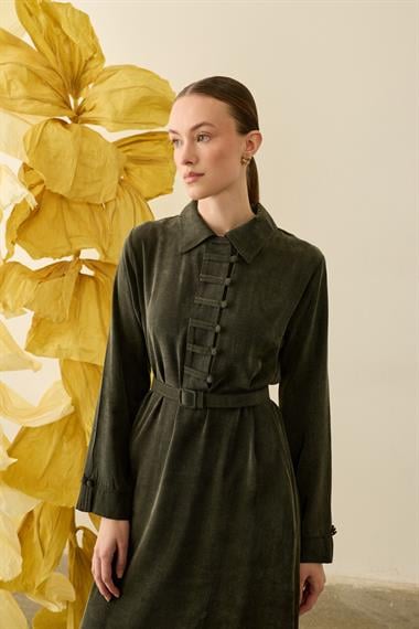 Emosh Britli Düğmeli Kemerli Elbise HAKİ