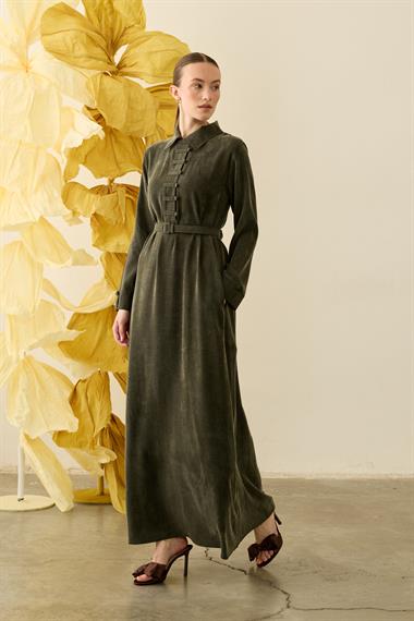 Emosh Britli Düğmeli Kemerli Elbise HAKİ