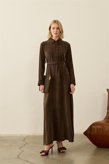 Emosh Britli Düğmeli Kemerli Elbise KAHVERENGİ