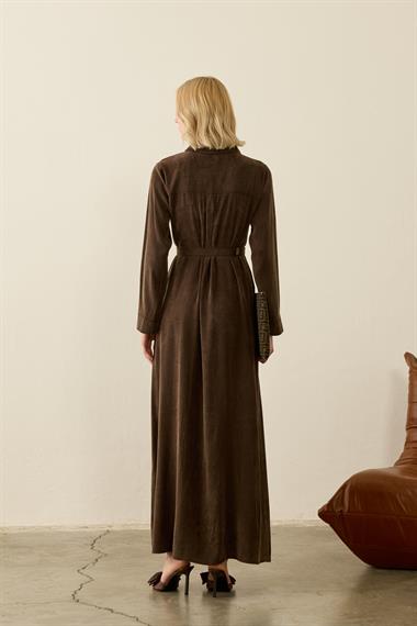 Emosh Britli Düğmeli Kemerli Elbise KAHVERENGİ