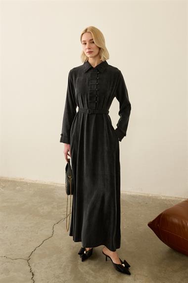 Emosh Britli Düğmeli Kemerli Elbise SİYAH