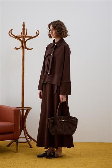 Esila Düğmeli Süet Garnili Etekli Takım KAHVERENGİ